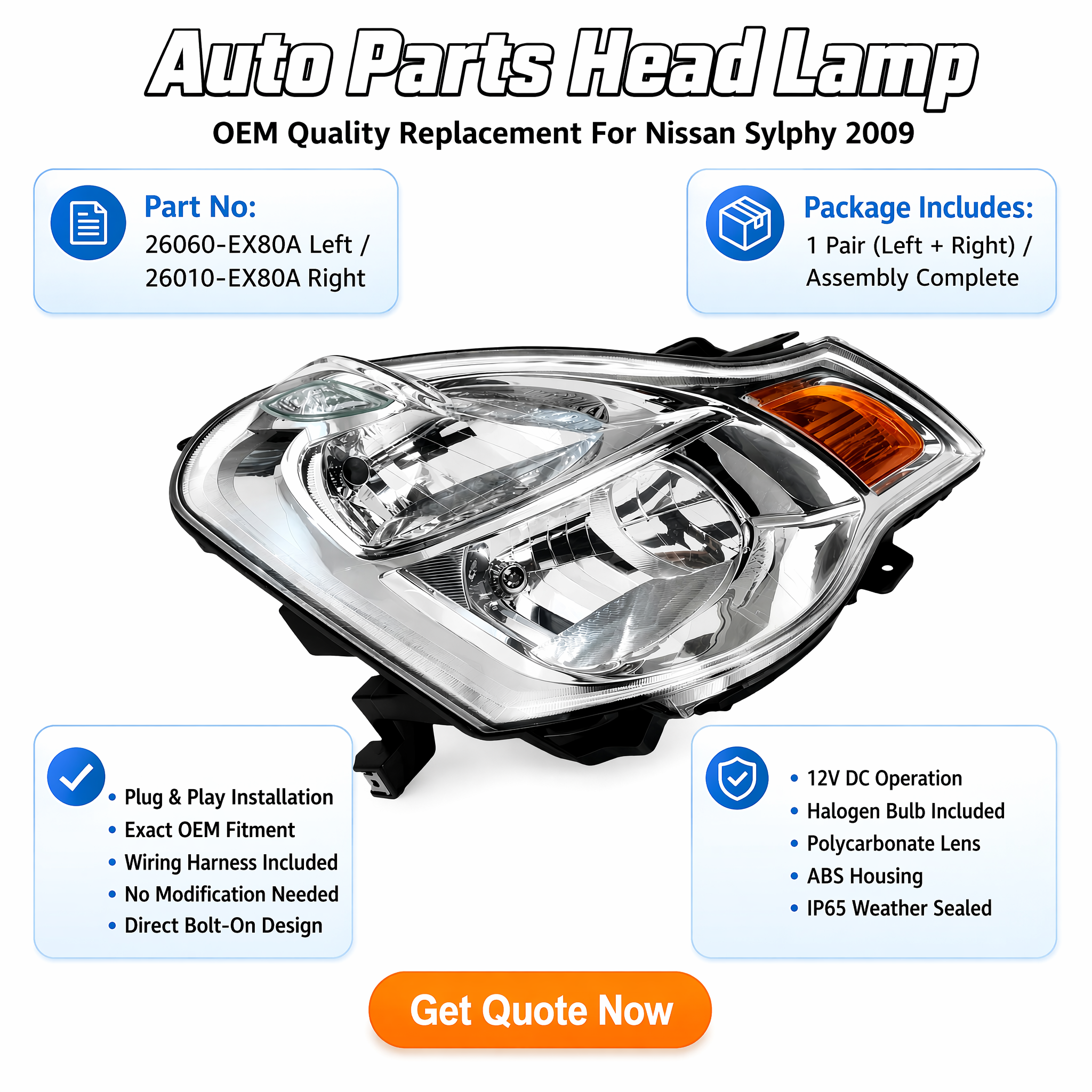 OEM 26010EX80A Headlight Assembly for Nissan Bluebird Sylphy - Product Image 5 of 6 - OEM 26010EX80A